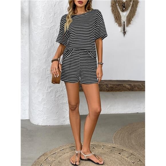 Striped Round Neck Short Sleeve Top and Shorts Set - Picture 14 of 16